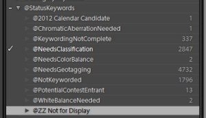 My Lightroom Status Keywords Figure 1. Rick's status keywords. They begin with an "at" symbol.